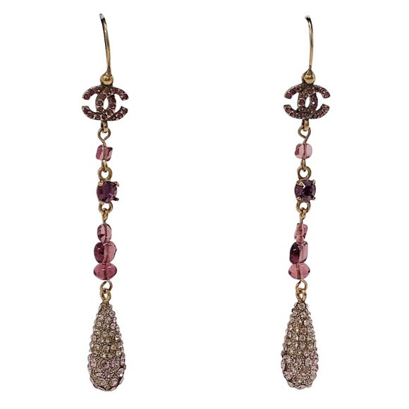 Chanel Purple / Gold Glass and Crystal Long Dangle Earrings - Picture 1 of 4